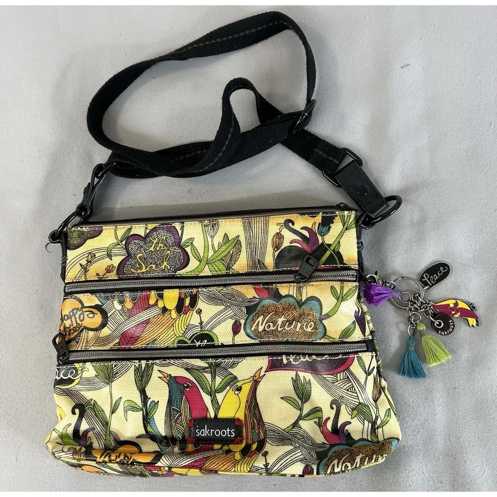 Vintage Sakroots Peace and Love Crossbody Bag Purse Floral Bird 3 Zipper
